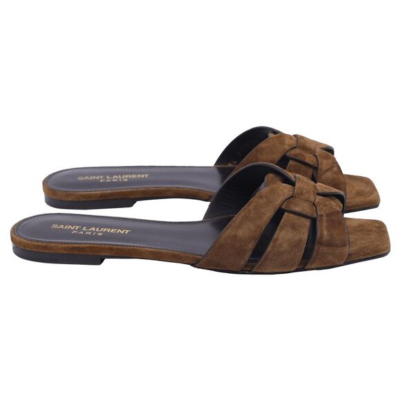 Saint Laurent Tribute Nu Pieds Flat Sandals in Brown Suede - Picture 1 of 9